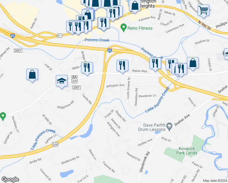 map of restaurants, bars, coffee shops, grocery stores, and more near 124 King David Road in Stroudsburg