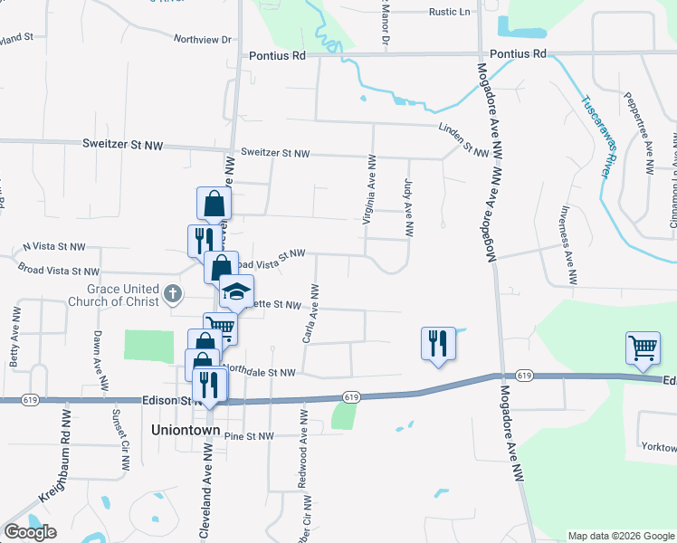 map of restaurants, bars, coffee shops, grocery stores, and more near 13286 Gregor Circle Northwest in Uniontown