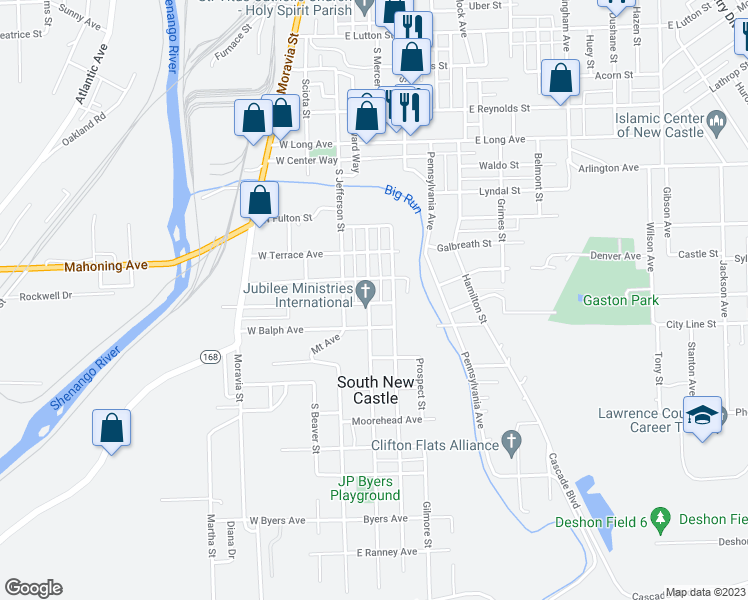 map of restaurants, bars, coffee shops, grocery stores, and more near 1711 Hanna Street in New Castle