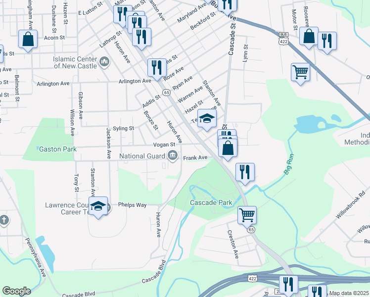 map of restaurants, bars, coffee shops, grocery stores, and more near 840 Vogan Street in New Castle