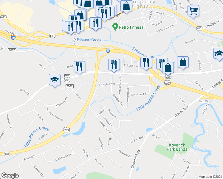 map of restaurants, bars, coffee shops, grocery stores, and more near 22 Jane Street in Stroudsburg