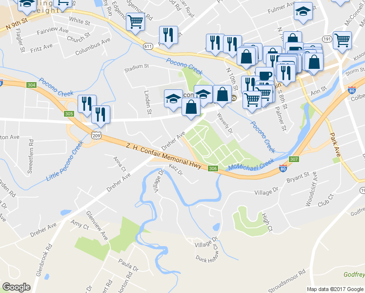 map of restaurants, bars, coffee shops, grocery stores, and more near 107 Foundry Street in Stroudsburg