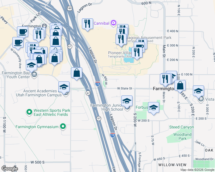 map of restaurants, bars, coffee shops, grocery stores, and more near 24 North 400 West in Farmington