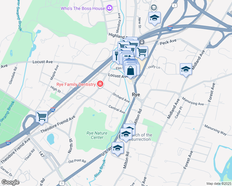 map of restaurants, bars, coffee shops, grocery stores, and more near 27 Mead Place in Rye