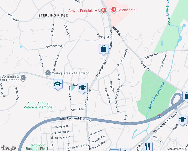 map of restaurants, bars, coffee shops, grocery stores, and more near 15 Iroquois Trail in Harrison