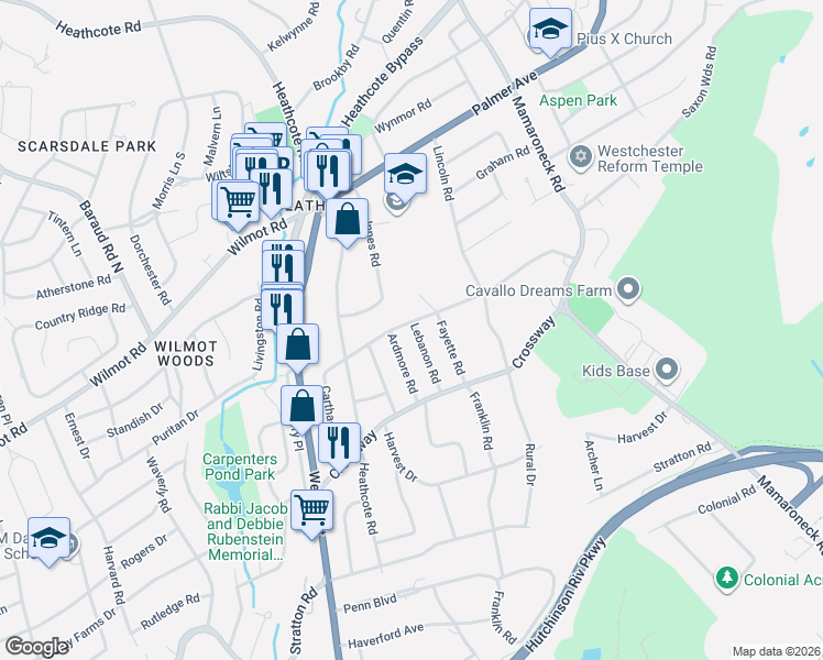 map of restaurants, bars, coffee shops, grocery stores, and more near 42 Fayette Road in Scarsdale
