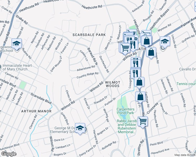 map of restaurants, bars, coffee shops, grocery stores, and more near 17 Country Ridge Road in Scarsdale