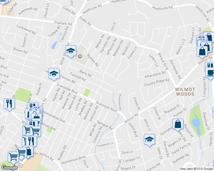 map of restaurants, bars, coffee shops, grocery stores, and more near 210 Madison Road in Scarsdale