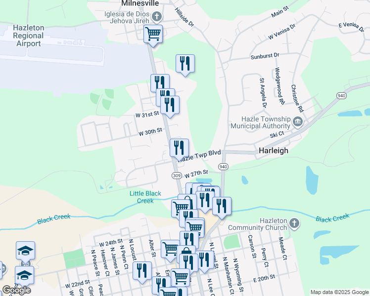 map of restaurants, bars, coffee shops, grocery stores, and more near 1213 North Church Street in Luzerne County