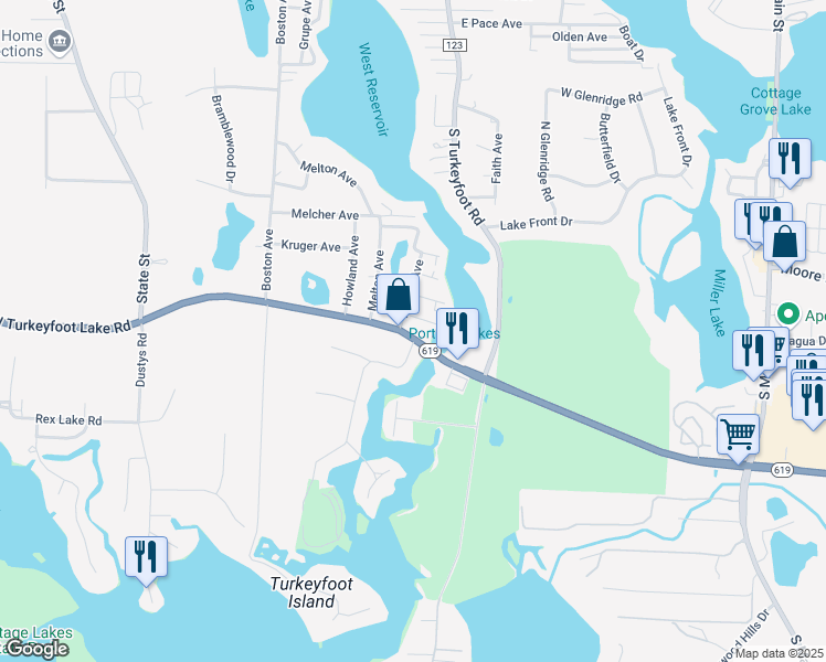 map of restaurants, bars, coffee shops, grocery stores, and more near 405 Stutz Avenue in Akron