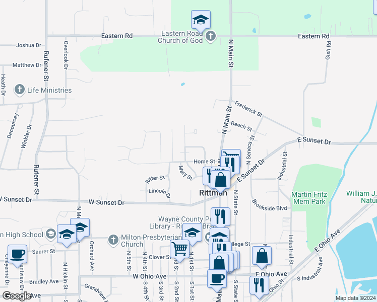 map of restaurants, bars, coffee shops, grocery stores, and more near 307 Villa Street in Rittman