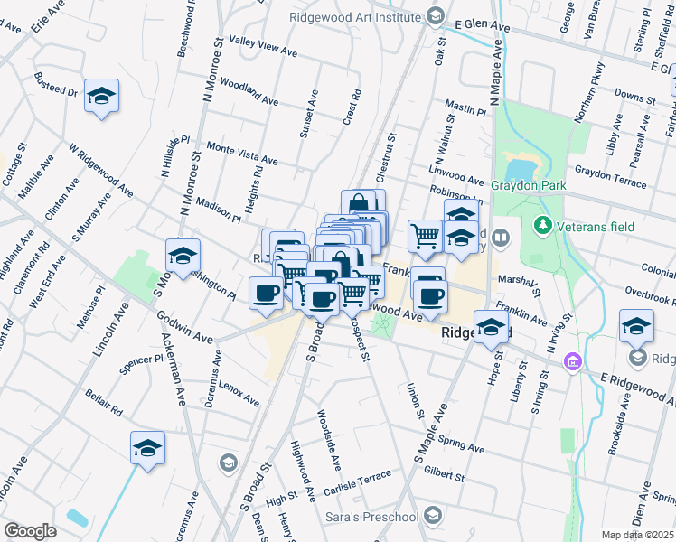 map of restaurants, bars, coffee shops, grocery stores, and more near 1 Franklin Avenue in Ridgewood