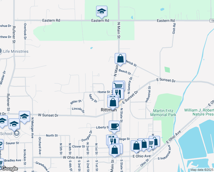 map of restaurants, bars, coffee shops, grocery stores, and more near 222 Fairlawn Avenue in Rittman