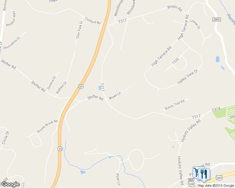 map of restaurants, bars, coffee shops, grocery stores, and more near Bryan Lane in Stroudsburg