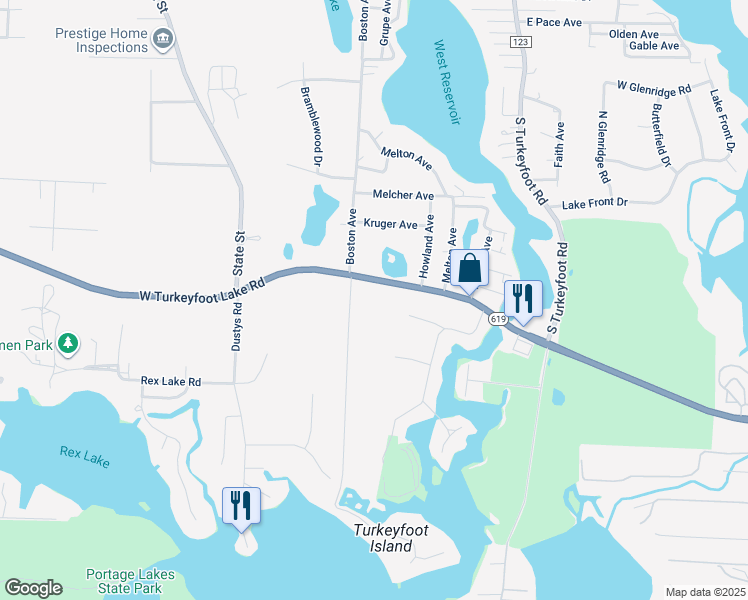 map of restaurants, bars, coffee shops, grocery stores, and more near 530 West Turkeyfoot Lake Road in Akron
