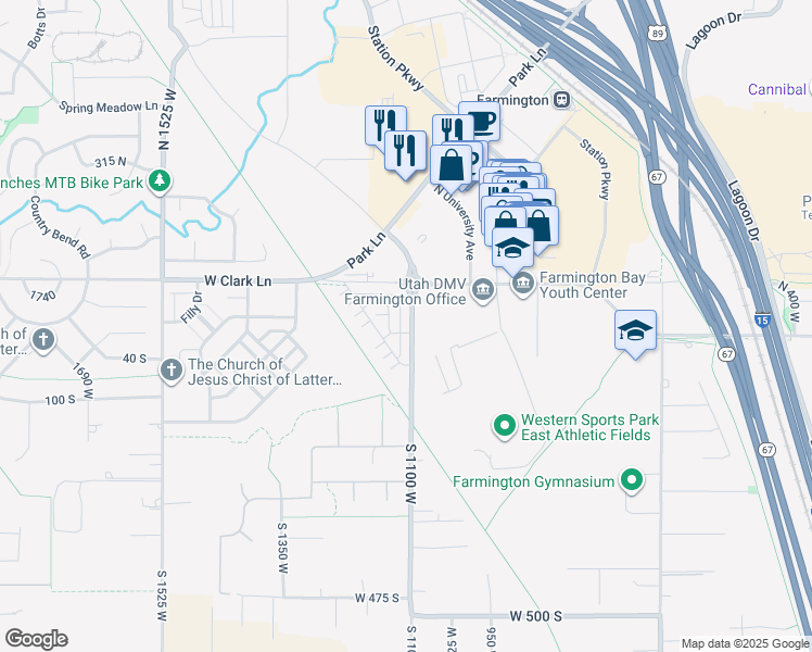 map of restaurants, bars, coffee shops, grocery stores, and more near 22 North 1100 West in Farmington