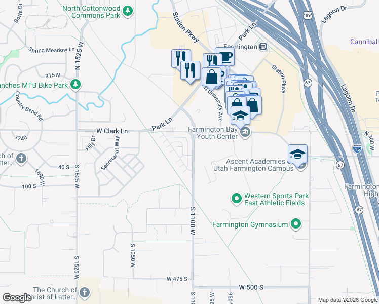 map of restaurants, bars, coffee shops, grocery stores, and more near 52 North 1100 West in Farmington