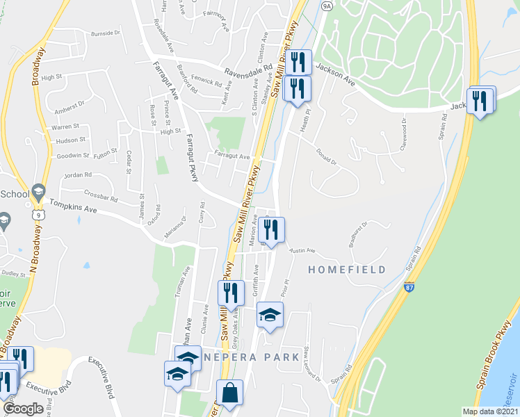 map of restaurants, bars, coffee shops, grocery stores, and more near 2 Holly Place in Hastings-on-Hudson