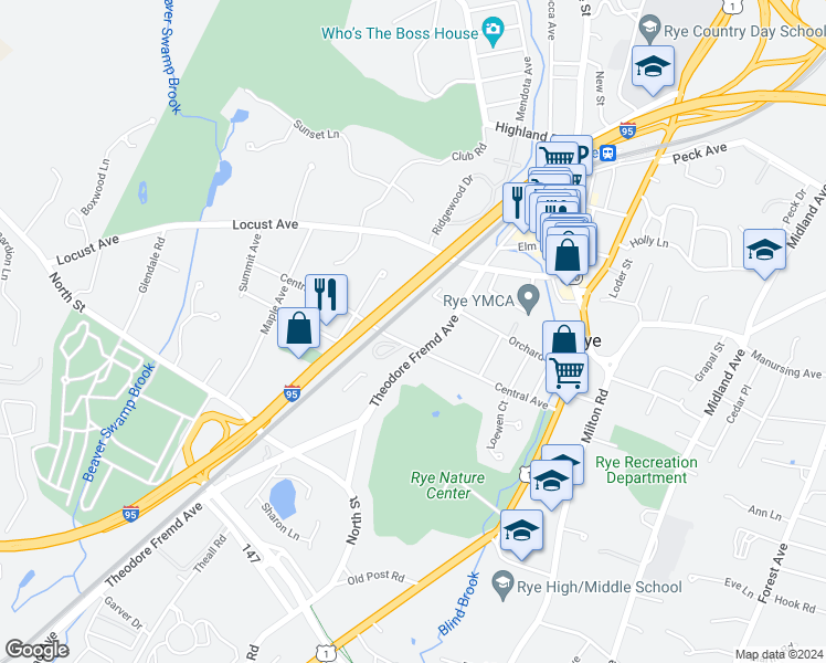 map of restaurants, bars, coffee shops, grocery stores, and more near 150 Theodore Fremd Avenue in Rye