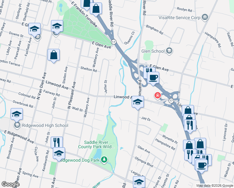 map of restaurants, bars, coffee shops, grocery stores, and more near 226 Sollas Court in Ridgewood