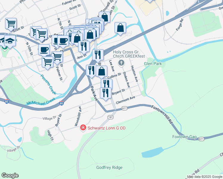 map of restaurants, bars, coffee shops, grocery stores, and more near 223 Lee Ave in Stroudsburg