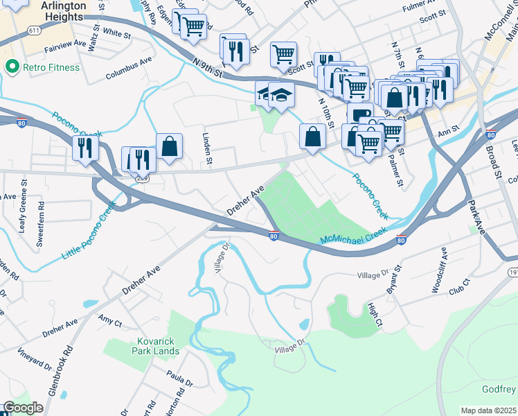 map of restaurants, bars, coffee shops, grocery stores, and more near 1090 Dreher Avenue in Stroudsburg