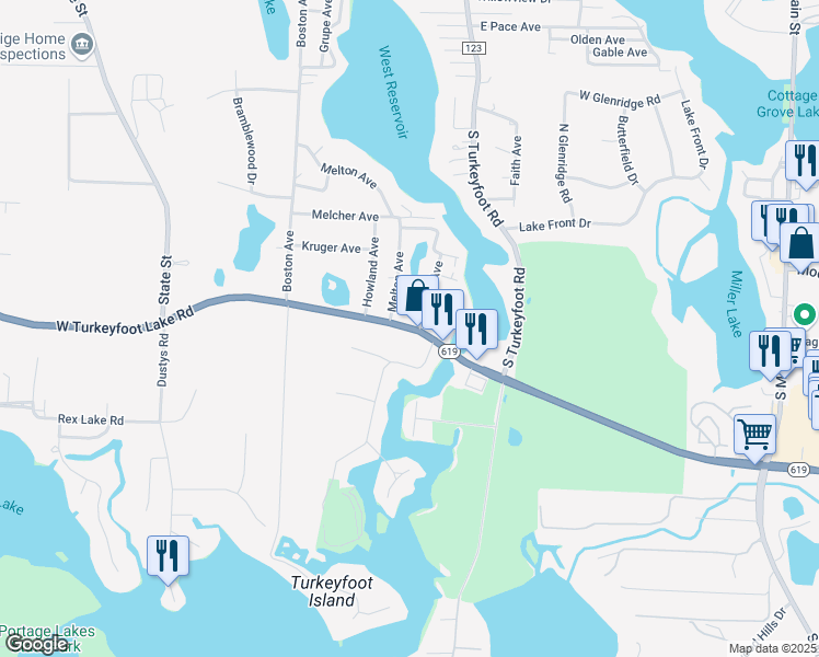 map of restaurants, bars, coffee shops, grocery stores, and more near 4183 Melton Avenue in Akron