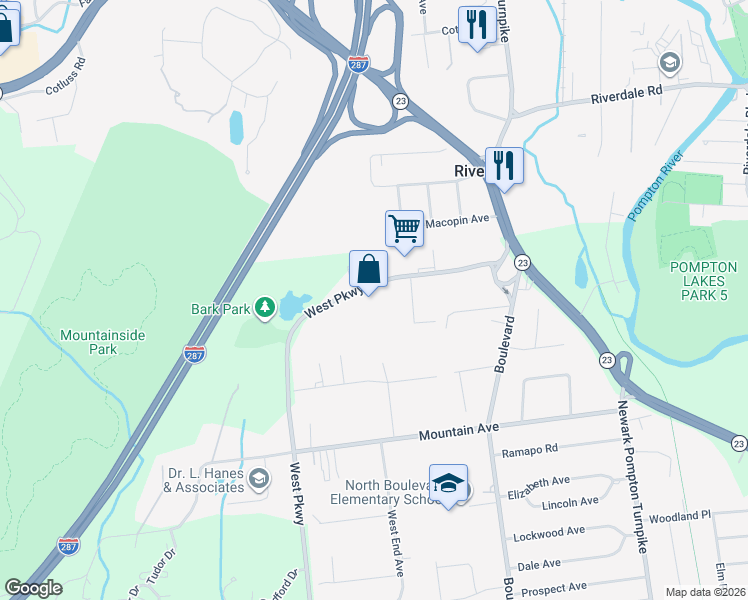 map of restaurants, bars, coffee shops, grocery stores, and more near 259-275 West Parkway in Pequannock Township