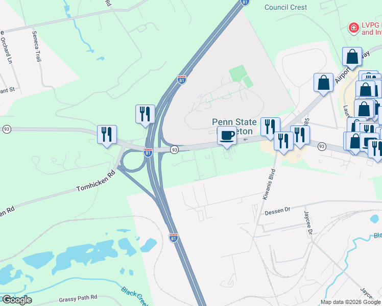 map of restaurants, bars, coffee shops, grocery stores, and more near Valmont Pkwy in Hazleton