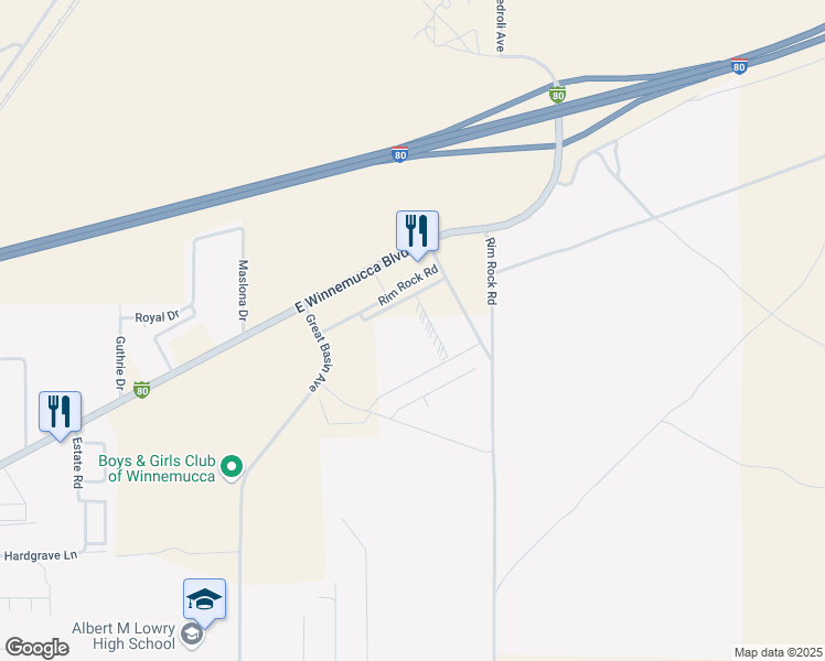 map of restaurants, bars, coffee shops, grocery stores, and more near 4360 Rim Rock Road in Winnemucca