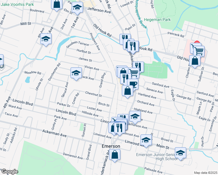 map of restaurants, bars, coffee shops, grocery stores, and more near 18 John Street in Emerson