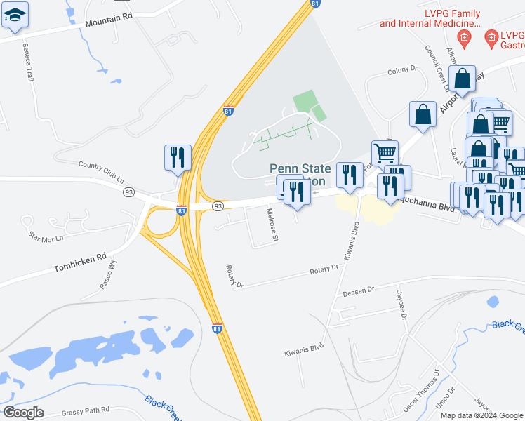 map of restaurants, bars, coffee shops, grocery stores, and more near 7 Melrose Street in Hazleton