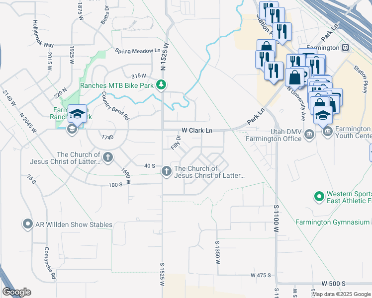 map of restaurants, bars, coffee shops, grocery stores, and more near 1478 Mare Drive in Farmington