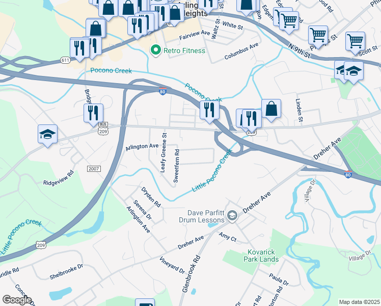 map of restaurants, bars, coffee shops, grocery stores, and more near 1749 Honeysuckle Lane in Stroudsburg