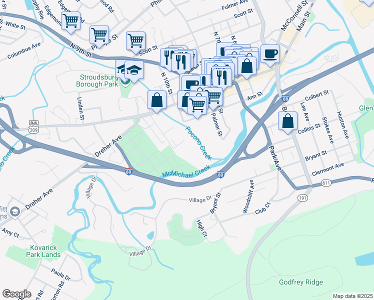 map of restaurants, bars, coffee shops, grocery stores, and more near 92 Waverly Drive in Stroudsburg