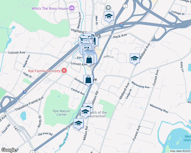 map of restaurants, bars, coffee shops, grocery stores, and more near 3 Ralston Street in Rye