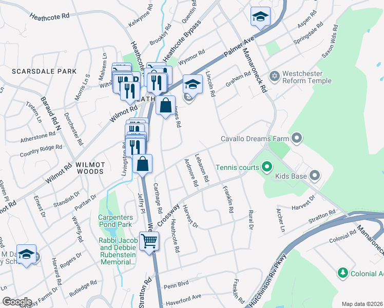 map of restaurants, bars, coffee shops, grocery stores, and more near 42 Fayette Road in Scarsdale