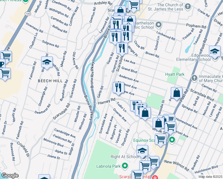 map of restaurants, bars, coffee shops, grocery stores, and more near 1 Lakeview Avenue in Scarsdale