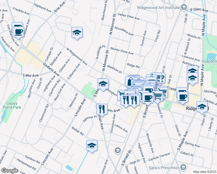 map of restaurants, bars, coffee shops, grocery stores, and more near 25 South Monroe Street in Ridgewood