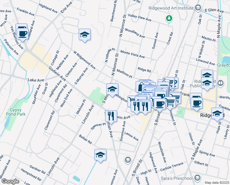 map of restaurants, bars, coffee shops, grocery stores, and more near 25 South Monroe Street in Ridgewood