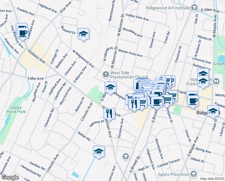 map of restaurants, bars, coffee shops, grocery stores, and more near 25 South Monroe Street in Ridgewood