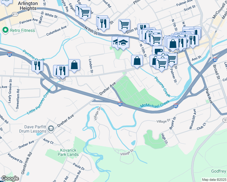 map of restaurants, bars, coffee shops, grocery stores, and more near 8 Foundry Street in Stroudsburg