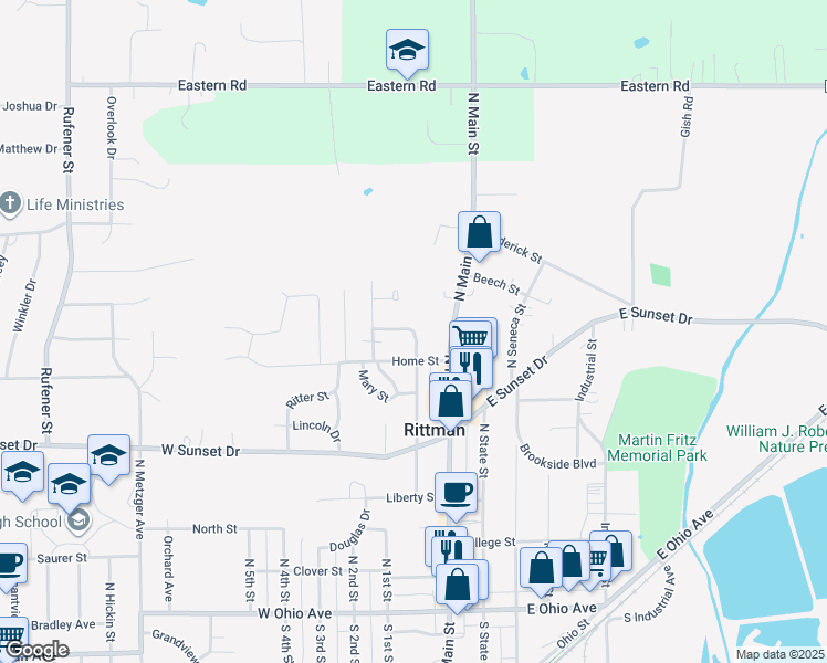 map of restaurants, bars, coffee shops, grocery stores, and more near 258 Fairlawn Avenue in Rittman