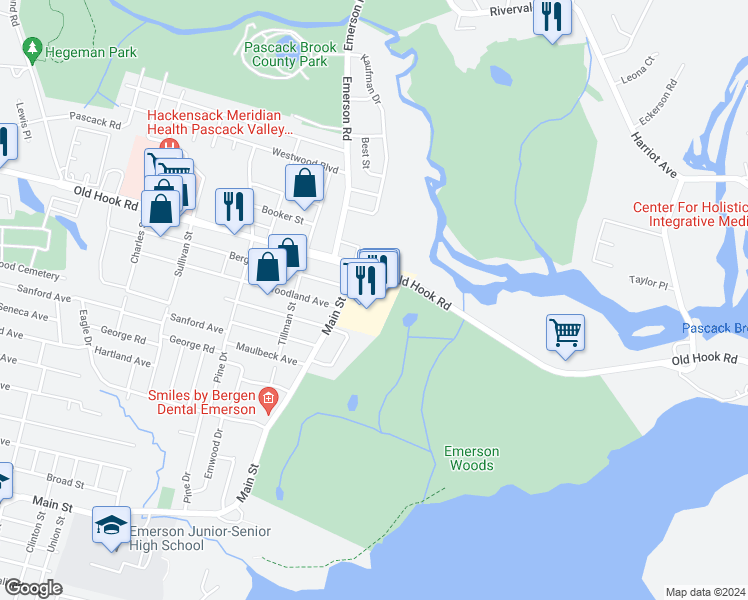 map of restaurants, bars, coffee shops, grocery stores, and more near 441 Old Hook Road in Emerson