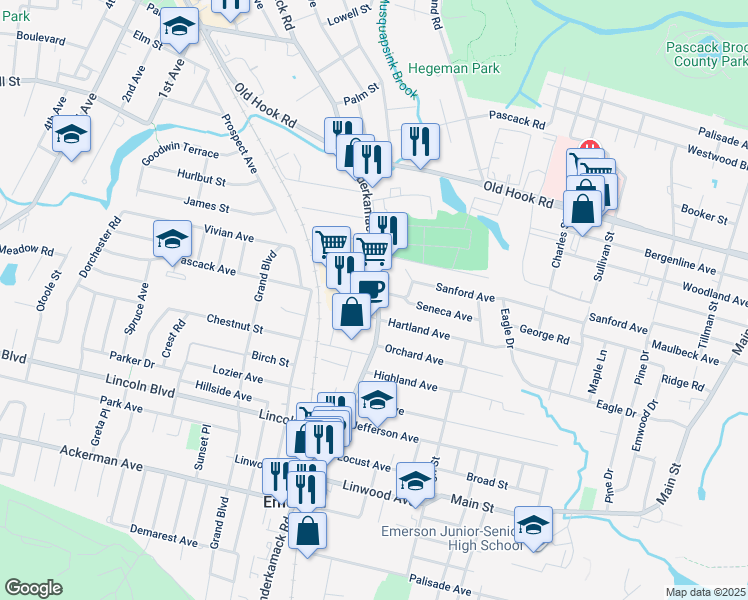 map of restaurants, bars, coffee shops, grocery stores, and more near in Emerson