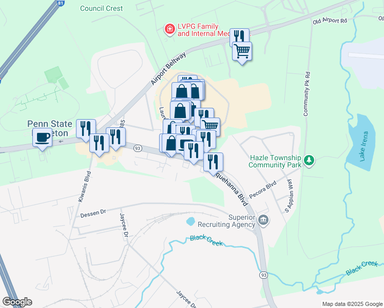 map of restaurants, bars, coffee shops, grocery stores, and more near 230 Laurel Mall Drive in Hazleton