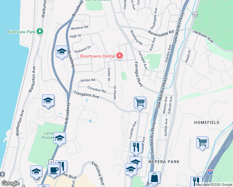 map of restaurants, bars, coffee shops, grocery stores, and more near 47 James Street in Hastings-on-Hudson