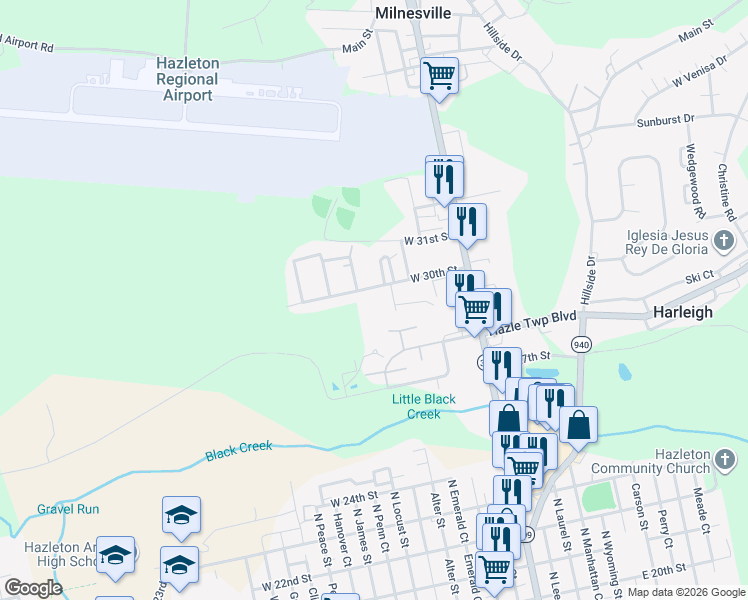 map of restaurants, bars, coffee shops, grocery stores, and more near 357 West 30th Street in Luzerne County