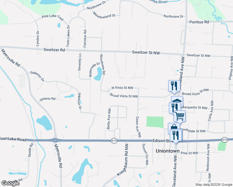 map of restaurants, bars, coffee shops, grocery stores, and more near 3976 North Vista Street Northwest in Uniontown