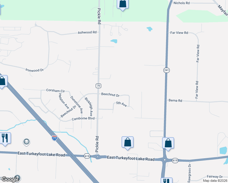map of restaurants, bars, coffee shops, grocery stores, and more near 1455 Beechnut Drive in Akron